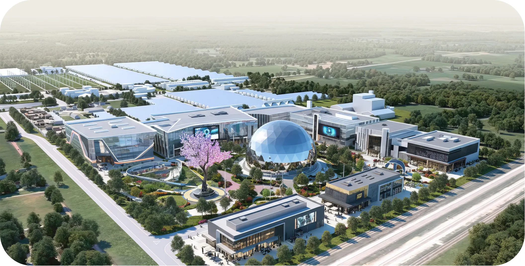 Rendering of a Gaia campus with a central dome and surrounding buildings