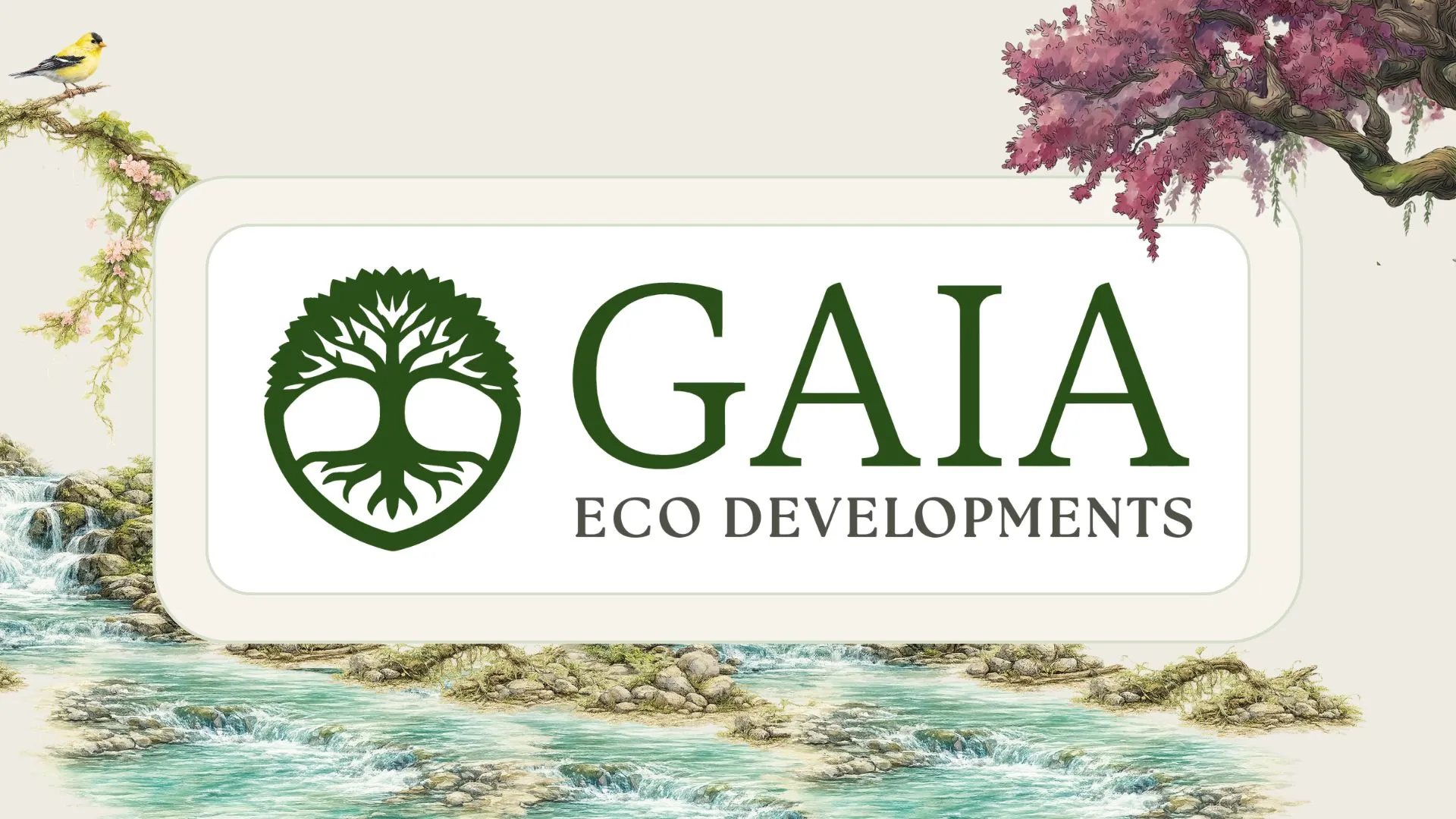 Gaia Eco Developments first-campus announcement framed by an illustrated natural landscape