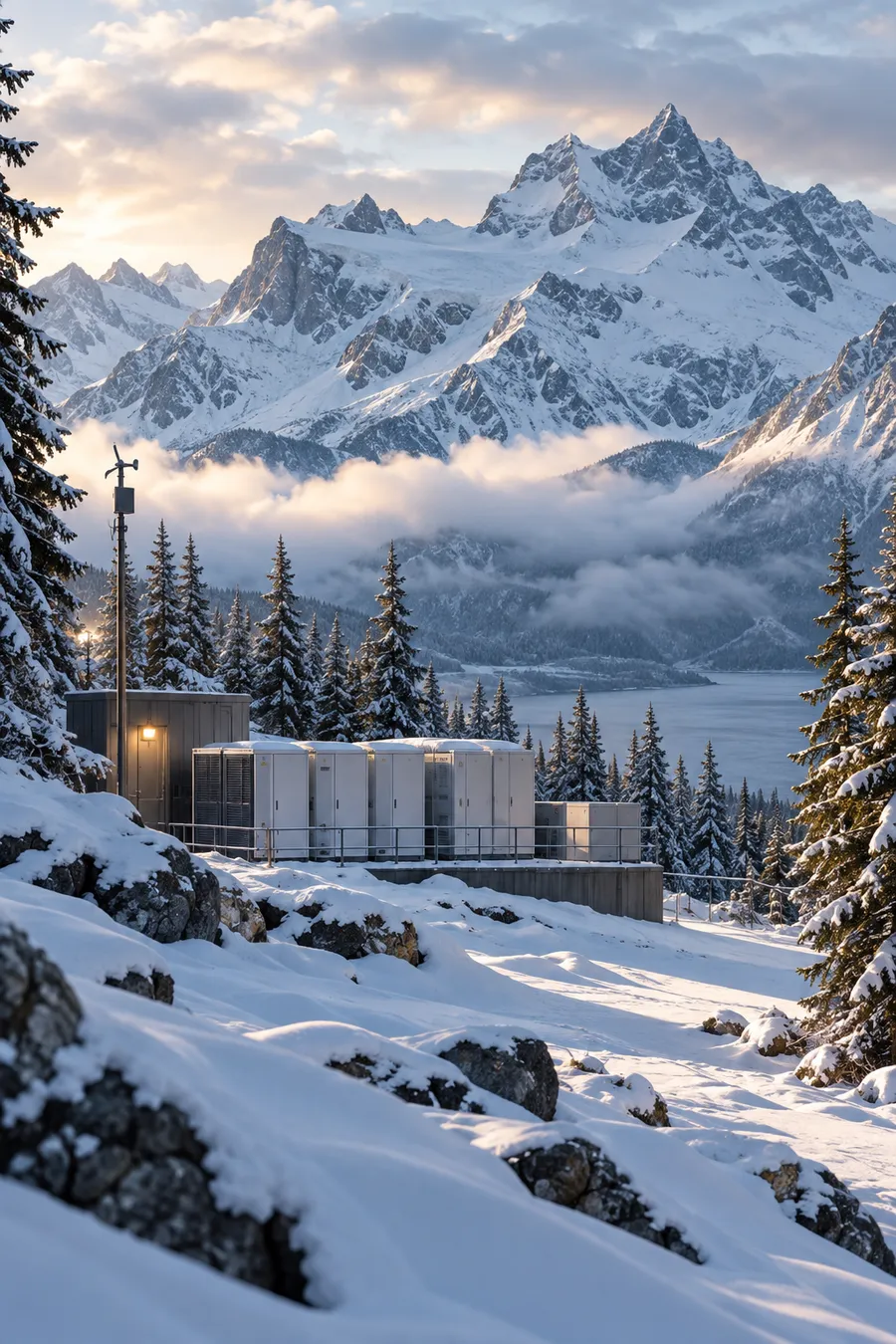 Battery storage units in deep snow below mountain peaks