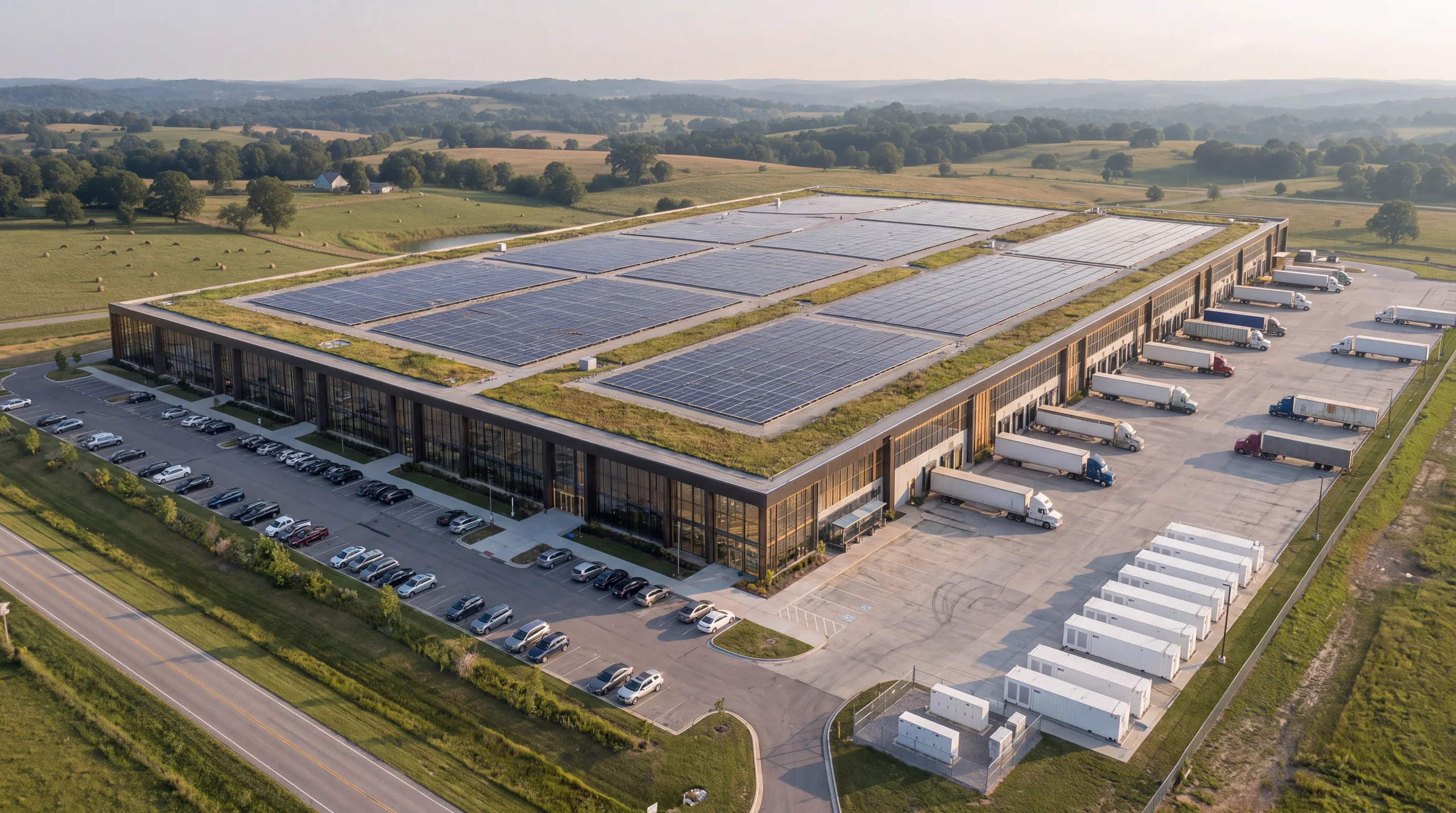 Aerial view of a modern American sodium-ion battery manufacturing facility with rooftop solar panels and battery storage units