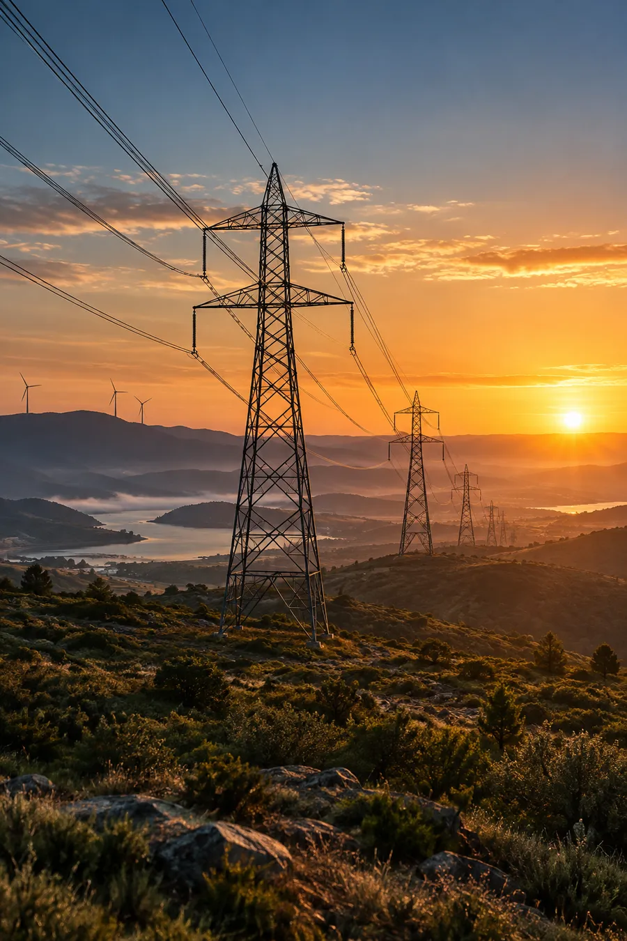 Transmission towers and wind turbines across hills at sunset