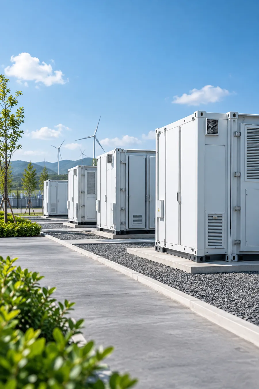 Row of containerized battery storage units beside wind turbines