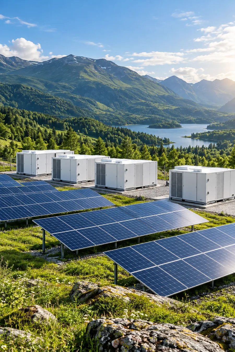 Solar array and battery units in a mountain valley