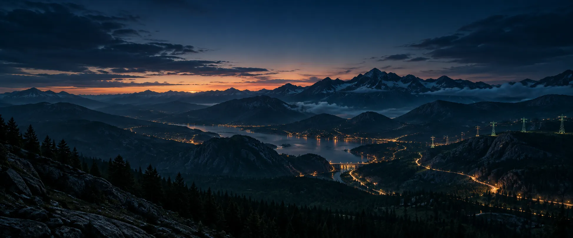 Mountain valley at dusk with a lit hydroelectric dam, roads, and transmission towers