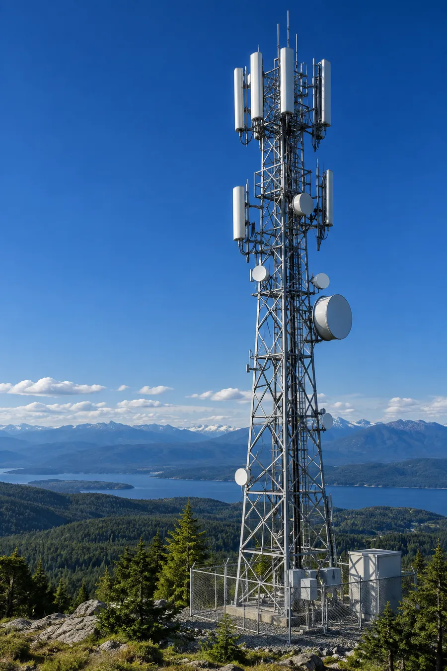 Telecom tower with backup equipment on a forested ridge