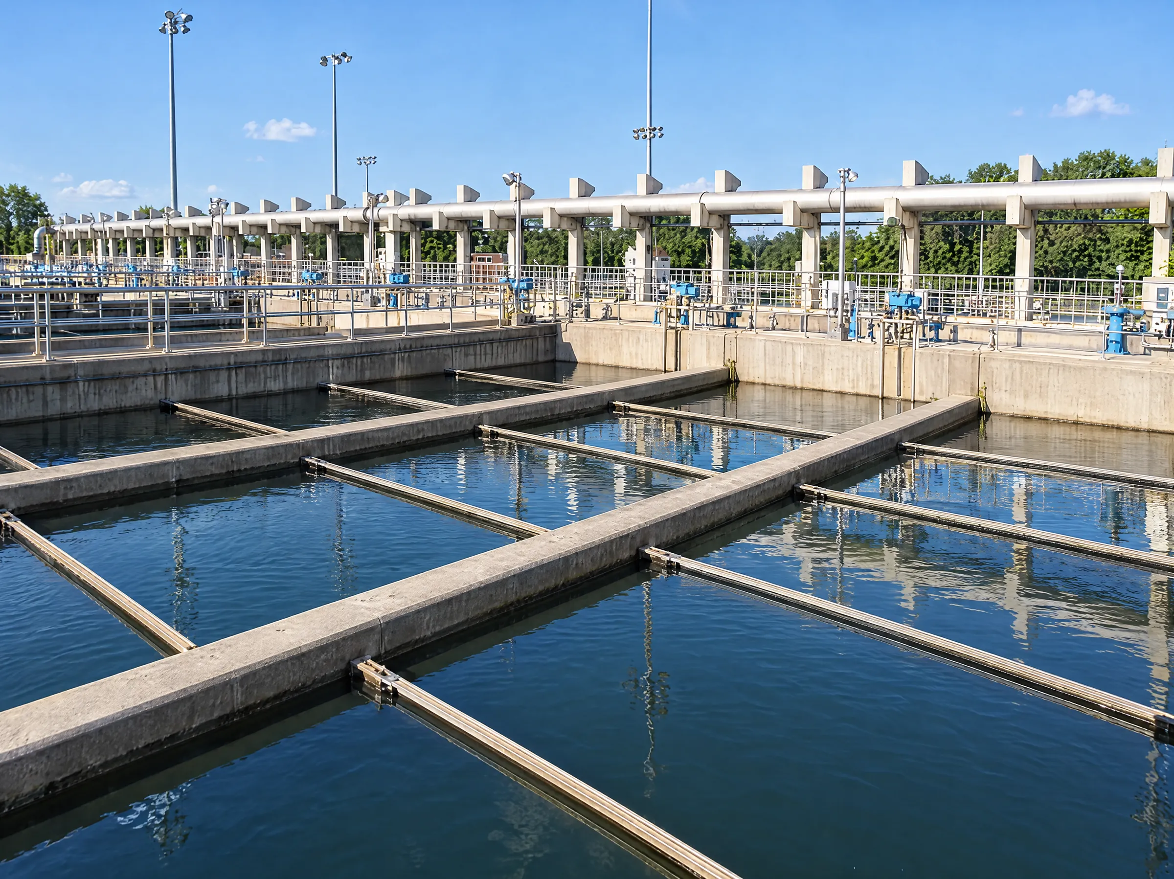 Water treatment system with treatment basins and overhead piping